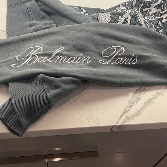 Balmain Charcoal Distressed Hoodie- Embroidered Dragon Design/ COA - Unisex - Picture 4 of 8